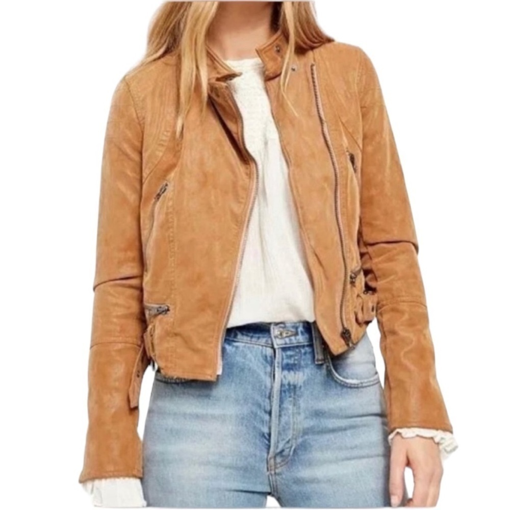 We the Free / Free People Faux Leather Bomber Moto Jacket Sz XS Camel Cognac